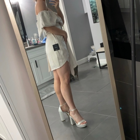 Lulus Ivory Satin Off-the-Shoulder Mini Dress - Picture 4 of 5